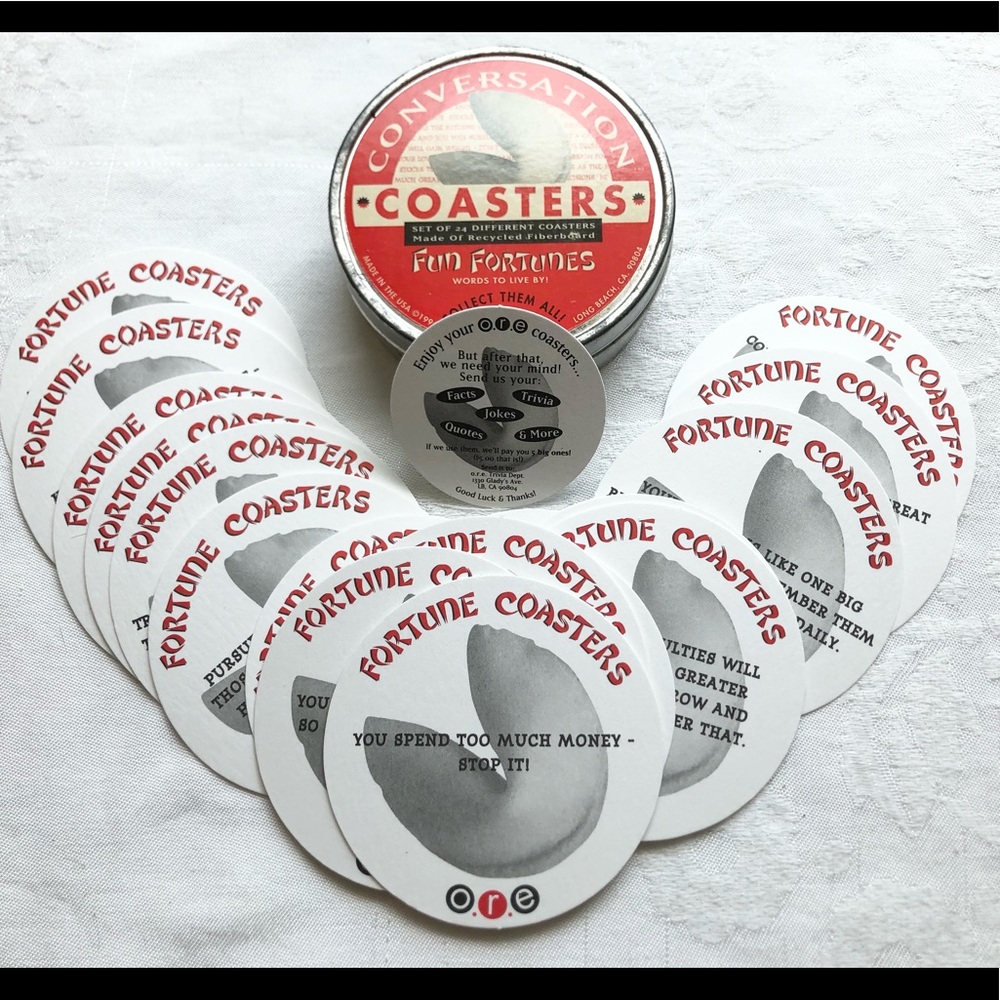 Vintage Chinese Fortune Cookie Unique Asia Party 1990s 24 Fiber COASTERS In Tin